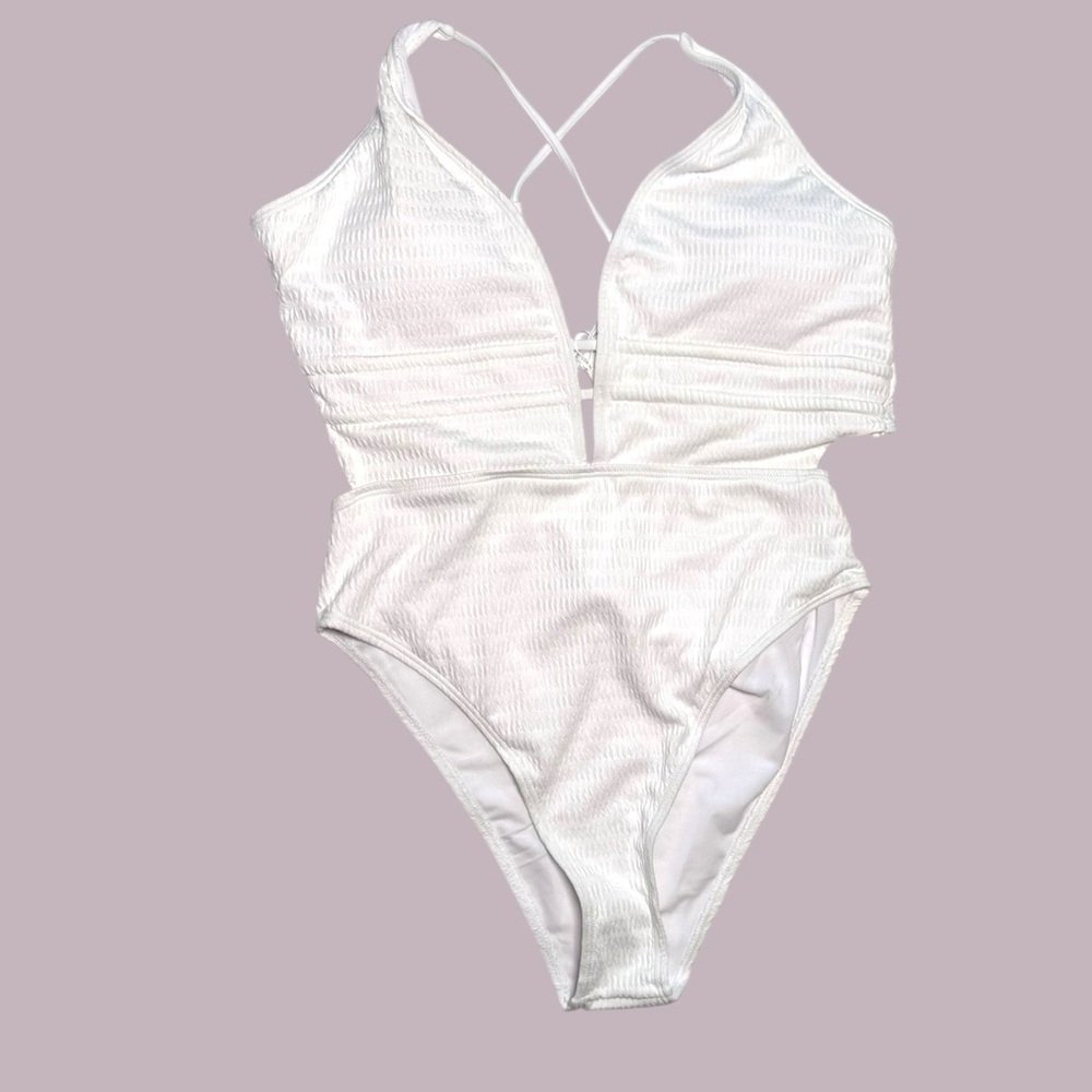 Mokpi ribbed textured‎ sexy white monokini One Piece L